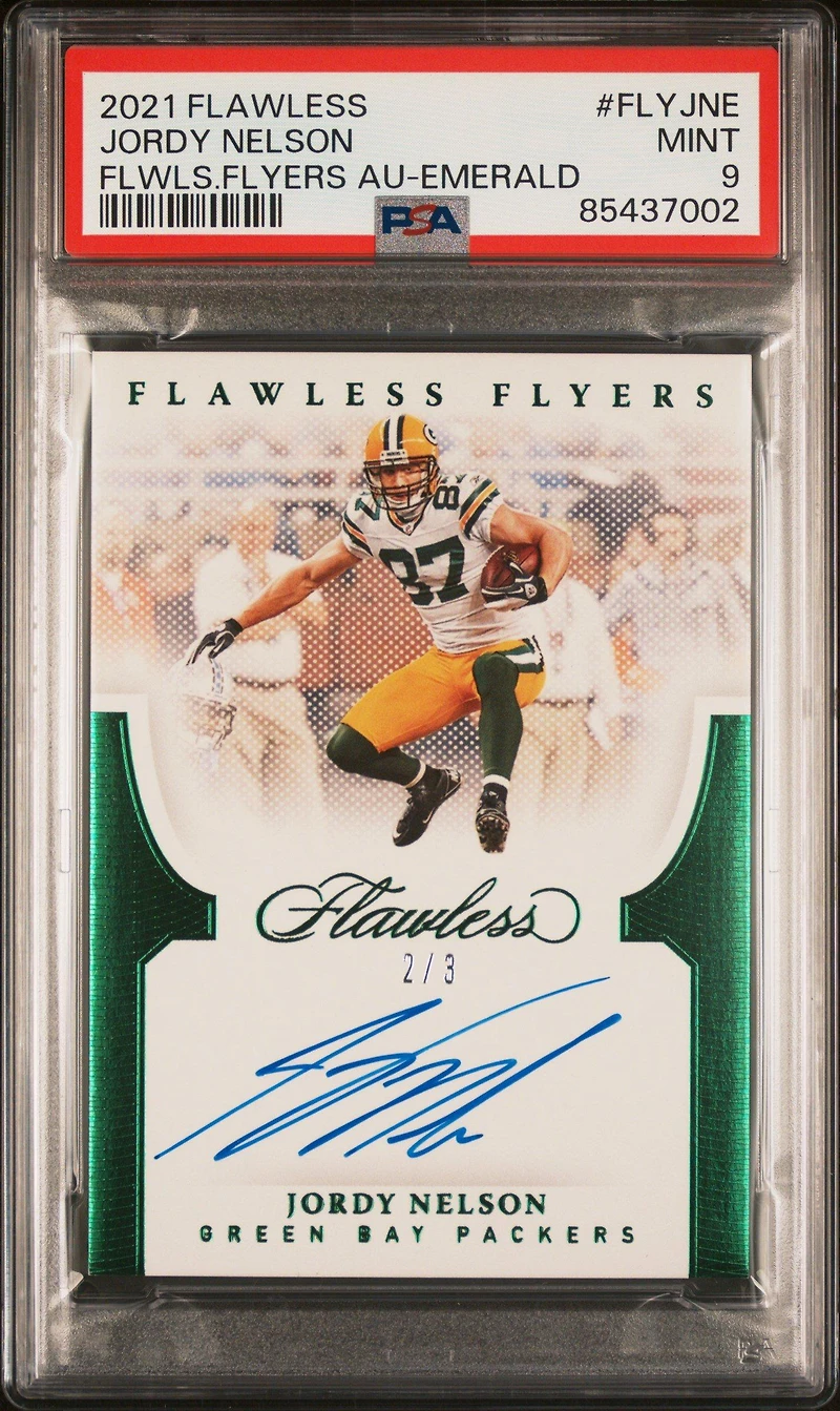 2021 Panini Flawless Flawless Flyers Autographs Flyjne Jordy Nelson Emerald PSA 9