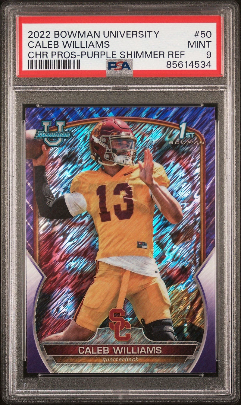 2022 Bowman University Chrome Prospects 50 Caleb Williams Purple Shimmer Refractor PSA 9