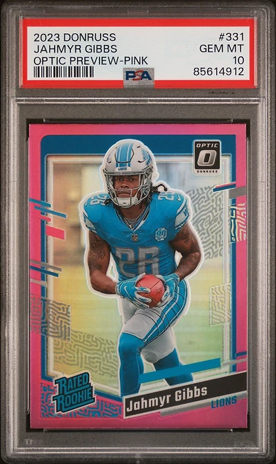 2023 Panini Donruss 331 Jahmyr Gibbs Optic Preview-pink PSA 10