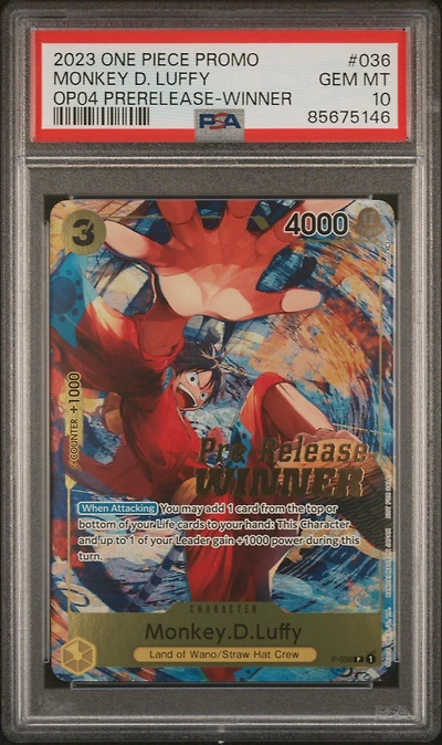 2023 One Piece Promos 036 Monkey D. Luffy Kingdoms Of Intrigue Pre-release-winner PSA 10