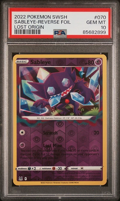 2022 Pokemon Sword & Shield Lost Origin 070 Sableye-reverse Foil PSA 10