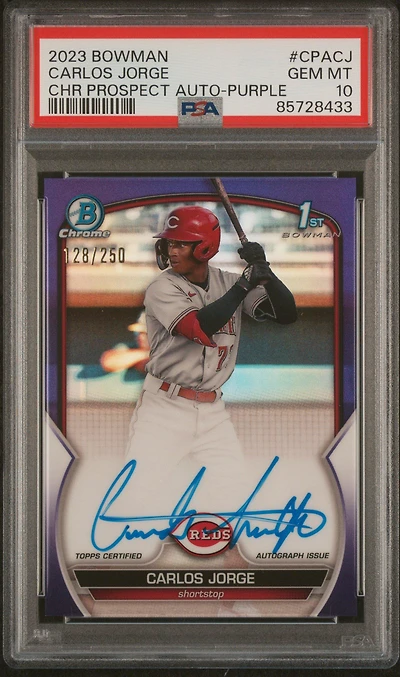 2023 Bowman Chrome Prospect Autographs Cpacj Carlos Jorge Purple Refractor PSA 10