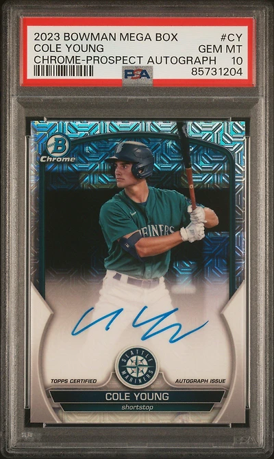 2023 Bowman Mega Box Chrome Prospect Autographs Cy Cole Young PSA 10