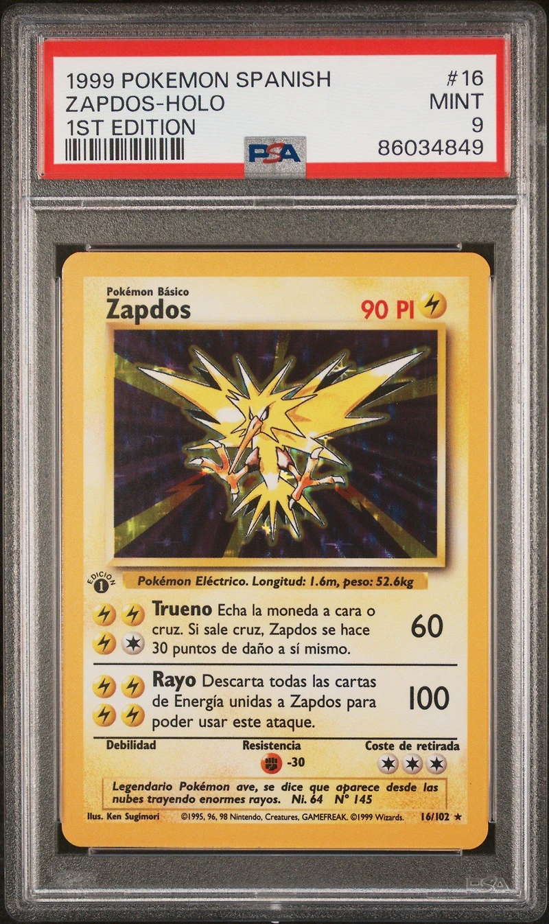 1999 Pokemon Spanish 16 Zapdos-holo 1st Edition PSA 9