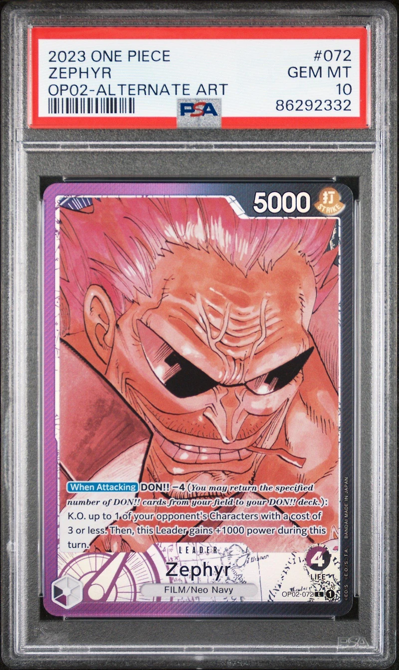 2023 One Piece Op02-paramount War 072 Zephyr Alternate Art PSA 10