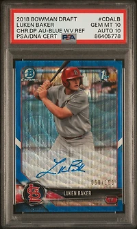 2018 Bowman Draft Chrome Draft Picks Autographs Cdalb Luken Baker Blue Wave Refractor PSA 10