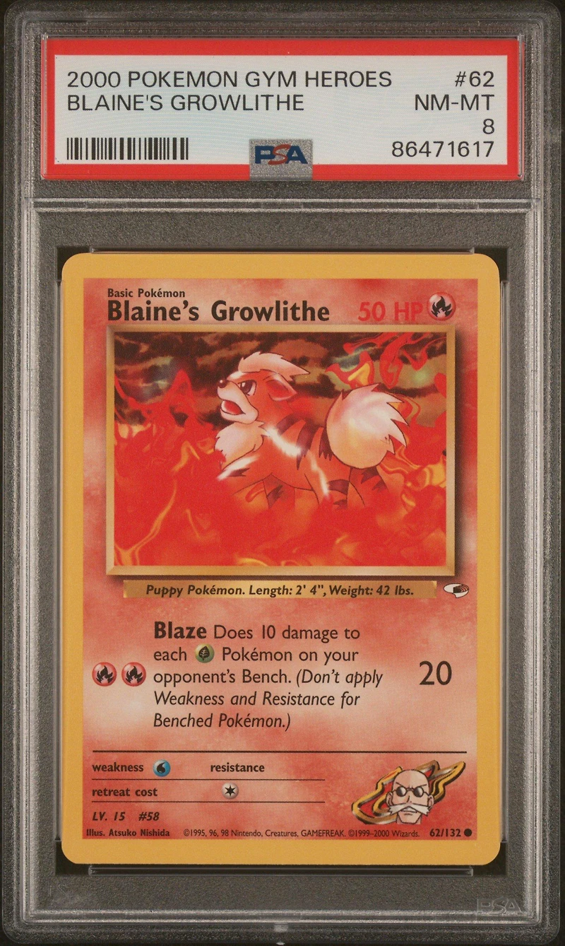 2000 Pokemon Gym Heroes 62 Blaine's Growlithe PSA 8