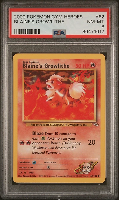 2000 Pokemon Gym Heroes 62 Blaine's Growlithe PSA 8