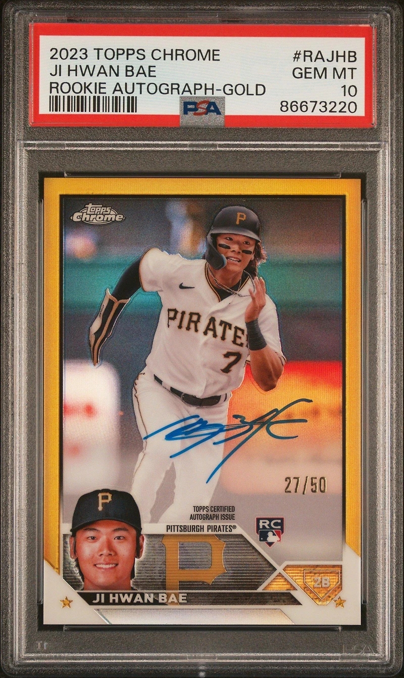 2023 Topps Chrome Rookie Autograph Rajhb Ji Hwan Bae Gold Refractor PSA 10