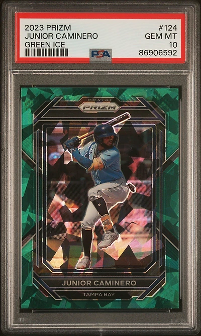 2023 Panini Prizm 124 Junior Caminero Green Ice PSA 10