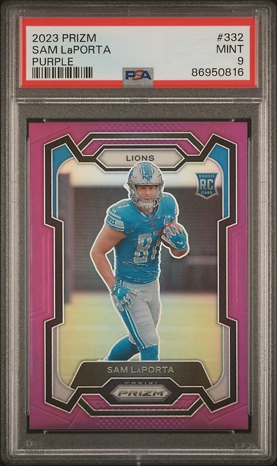 2023 Panini Prizm 332 Sam Laporta Purple Prizm PSA 9