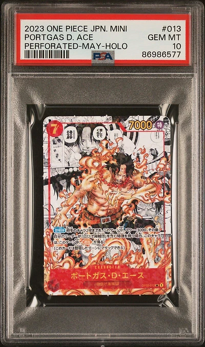 2023 One Piece Japanese Saikyo Jump Mini Promos 013 Portgas D. Ace Perforated-may-holo PSA 10