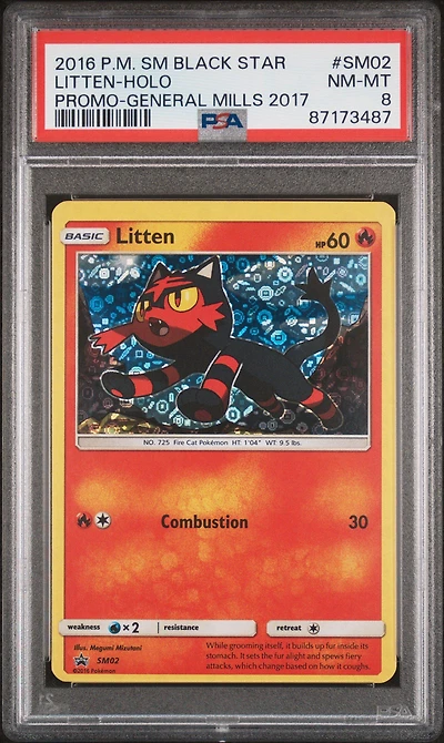 2016 Pokemon Sm Black Star Promo Sm02 Litten-holo General Mills 2017 PSA 8