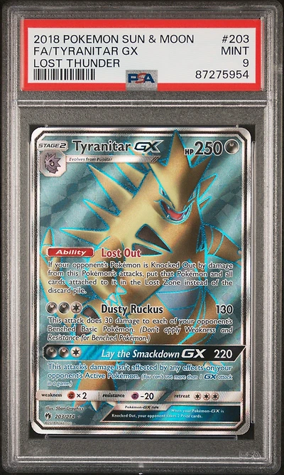 2018 Pokemon Sun & Moon Lost Thunder 203 Full Art/tyranitar Gx PSA 9