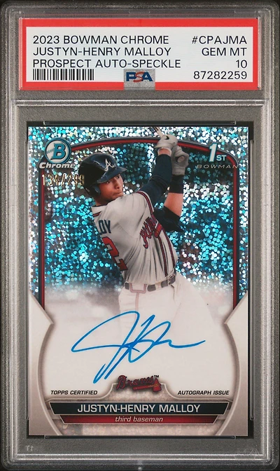 2023 Bowman Chrome Prospect Autographs Cpajma Justyn-henry Malloy Speckle Refractor PSA 10