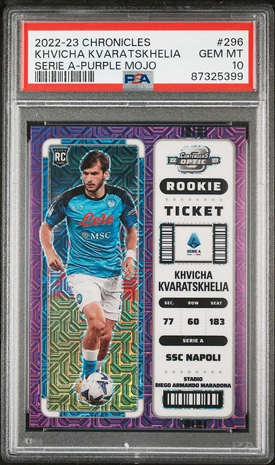 2022-23 Panini Chronicles 296 Khvicha Kvaratskhelia Serie A-purple Mojo PSA 10