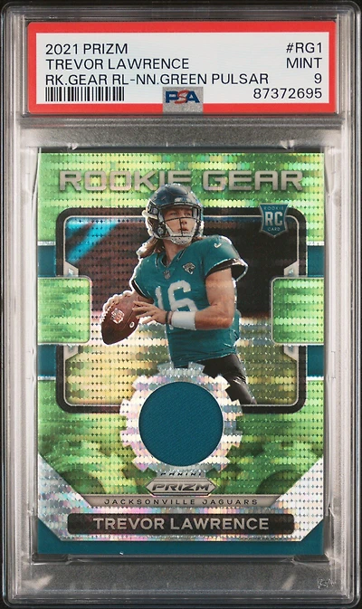 2021 Panini Prizm Rookie Gear Relics Rg1 Trevor Lawrence Neon Green Pulsar PSA 9