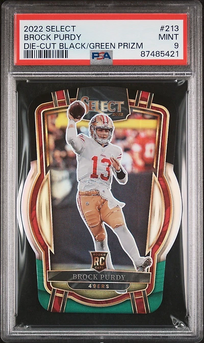 2022 Panini Select 213 Brock Purdy Die-cut Black/green Prizm PSA 9