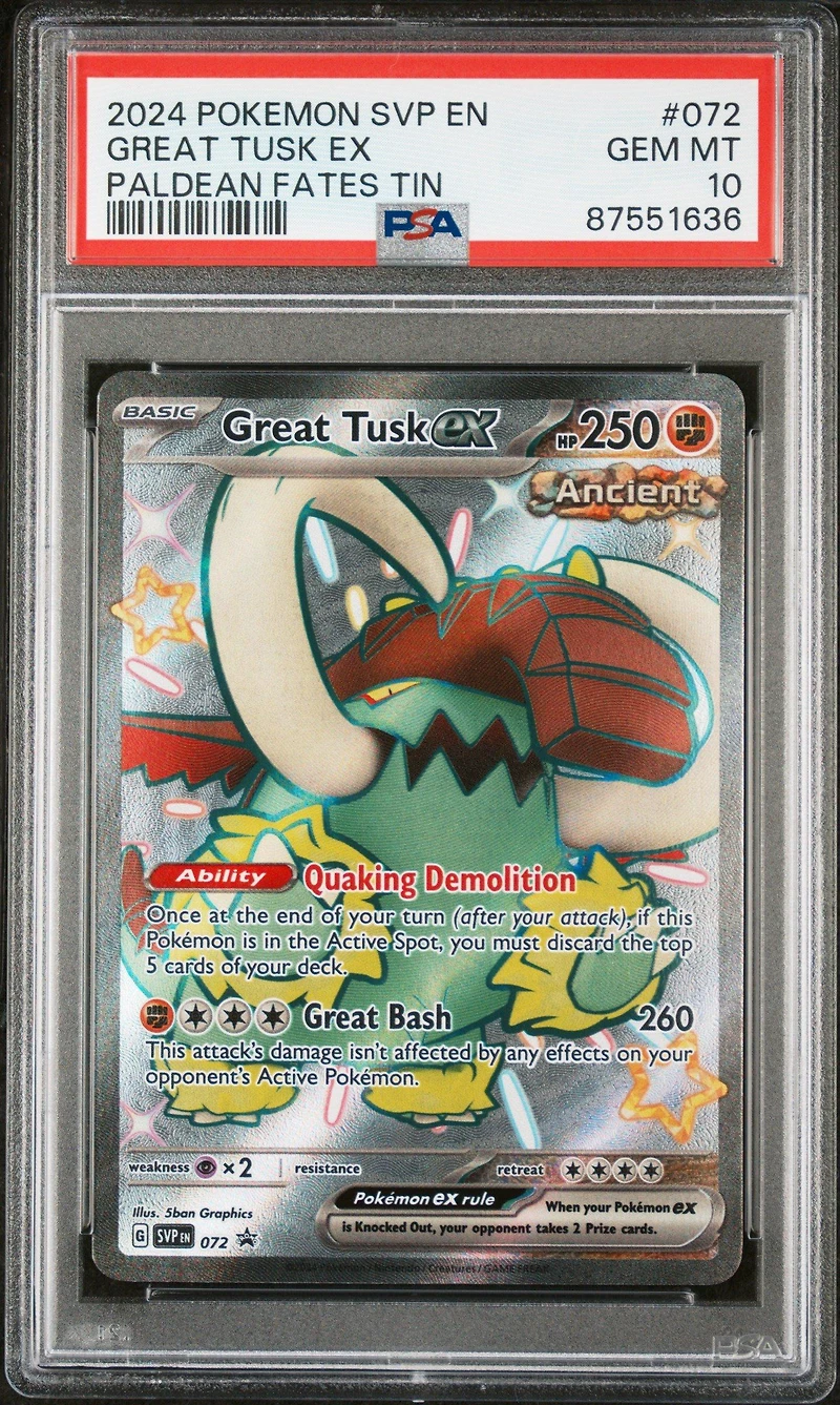 2024 Pokemon Svp En-sv Black Star Promo 072 Great Tusk Ex Paldean Fates Tin PSA 10