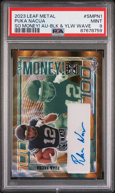 2023 Leaf Metal So Money! Autographs Smpn1 Puka Nacua Black & Yellow Wave PSA 9