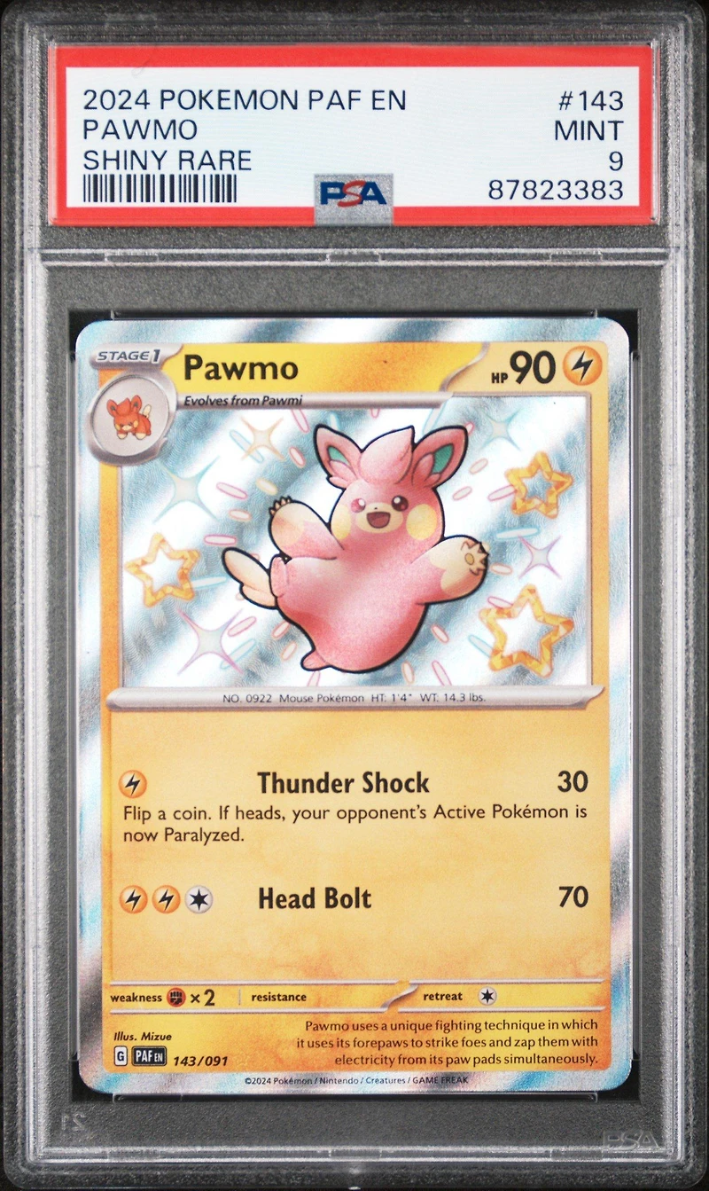 2024 Pokemon Paf En-paldean Fates 143 Pawmo Shiny Rare PSA 9