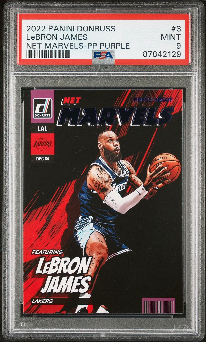 2022 Panini Donruss Net Marvels 3 Lebron James Press Proof Purple PSA 9