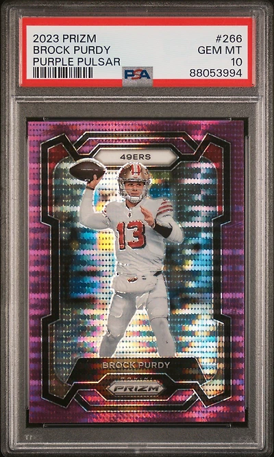 2023 Panini Prizm 266 Brock Purdy Purple Pulsar PSA 10