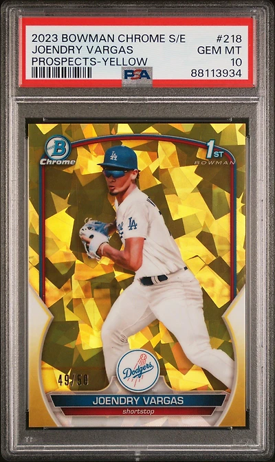 2023 Bowman Chrome Sapphire Edition Prospects 218 Joendry Vargas Yellow PSA 10