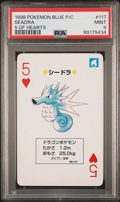 1998 Pokemon Blue Version Playing Cards 117 Seadra 5 Of Hearts PSA 9