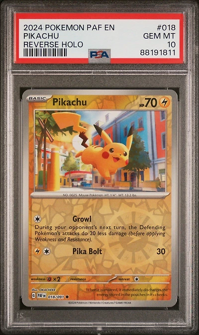 2024 Pokemon Paf En-paldean Fates 018 Pikachu Reverse Holo PSA 10