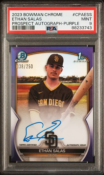 2023 Bowman Chrome Prospect Autographs Cpaess Ethan Salas Purple Refractor PSA 9