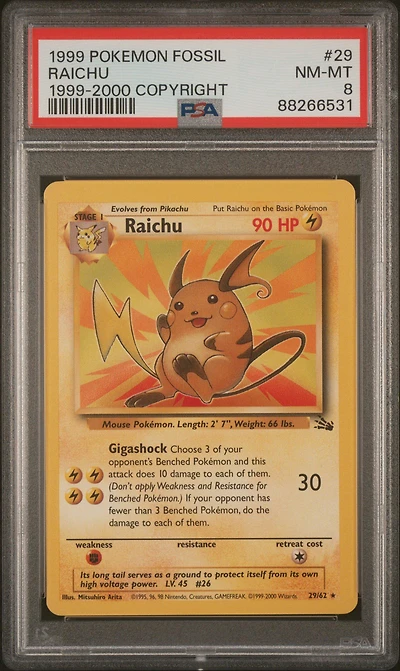 1999 Pokemon Fossil 29 Raichu 1999-2000 Copyright PSA 8