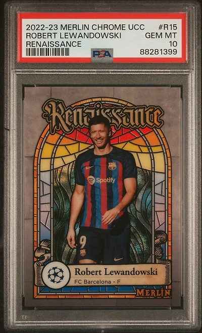 2022-23 Topps Merlin Chrome Uefa Club Competitions Renaissance R15 Robert Lewandowski PSA 10