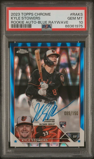 2023 Topps Chrome Rookie Autograph Raks Kyle Stowers Blue Raywave PSA 10