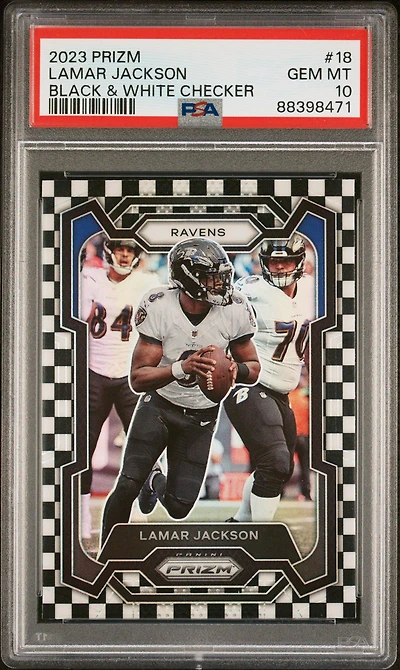 2023 Panini Prizm 18 Lamar Jackson Black & White Checker PSA 10