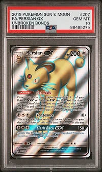 2019 Pokemon Sun & Moon Unbroken Bonds 207 Full Art/persian Gx PSA 10