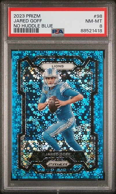 2023 Panini Prizm 98 Jared Goff No Huddle Blue PSA 8