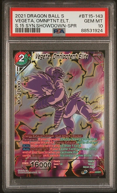 2021 Dragon Ball Super Card Game Series 15 Saiyan Showdown Bt15-143 Vegeta, Omnipotent Elite Special Rare PSA 10