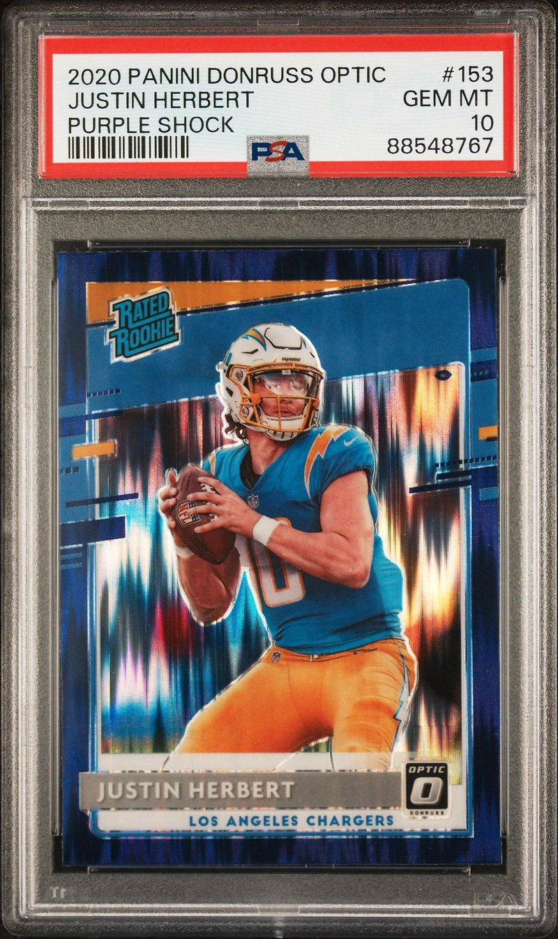 2020 Panini Donruss Optic 153 Justin Herbert Purple Shock PSA 10