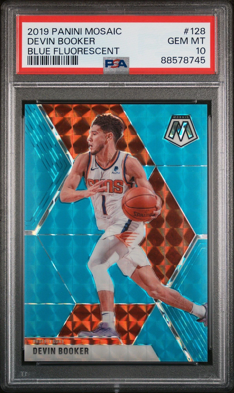 2019 Panini Mosaic 128 Devin Booker Blue Fluorescent PSA 10