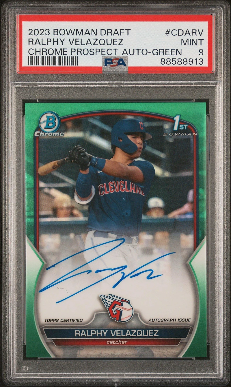2023 Bowman Draft Chrome Prospect Autograph Cdarv Ralphy Velazquez Green Refractor PSA 9