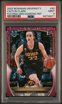 2022 Bowman Chrome University 50 Caitlin Clark Fuchsia Mini Diamond Refractor PSA 9
