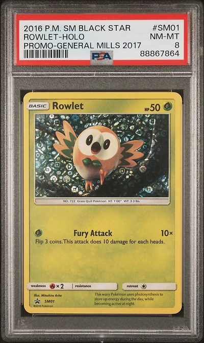 2016 Pokemon Sm Black Star Promo Sm01 Rowlet-holo General Mills 2017 PSA 8