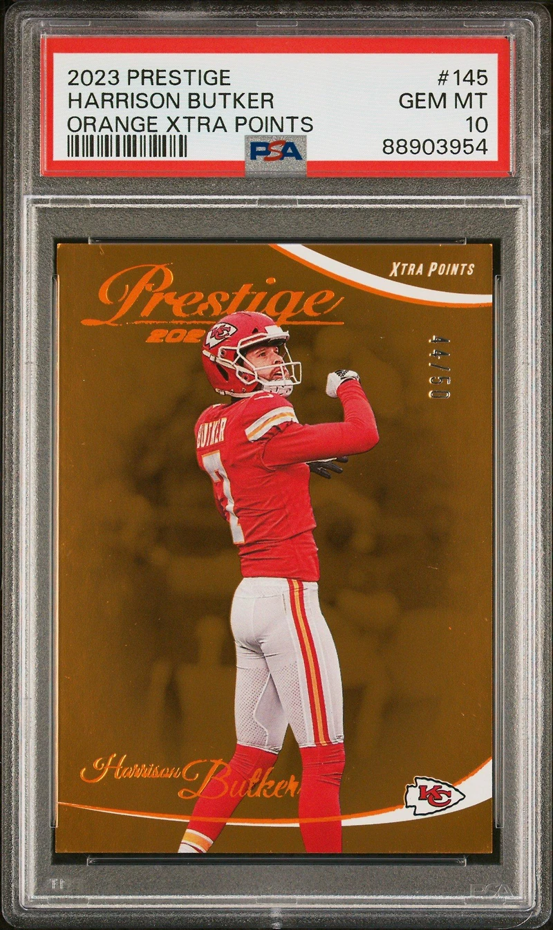 2023 Panini Prestige 145 Harrison Butker Orange Xtra Points PSA 10