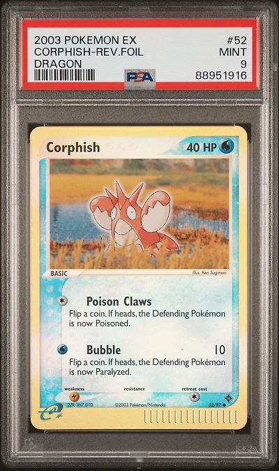 2003 Pokemon Ex Dragon 52 Corphish-reverse Foil PSA 9