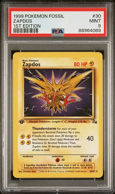1999 Pokemon Fossil 30 Zapdos 1st Edition PSA 9