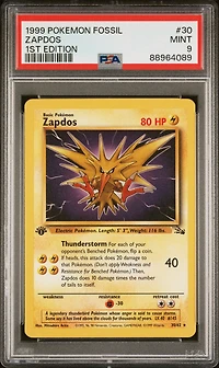 1999 Pokemon Fossil 30 Zapdos 1st Edition PSA 9