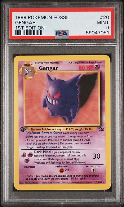 1999 Pokemon Fossil 20 Gengar 1st Edition PSA 9