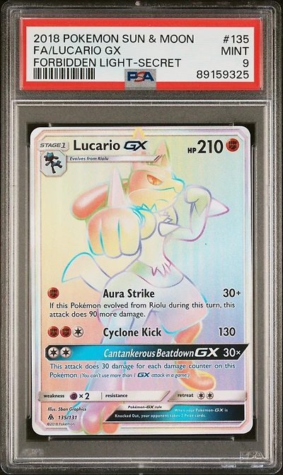2018 Pokemon Sun & Moon Forbidden Light 135 Full Art/lucario Gx Secret PSA 9