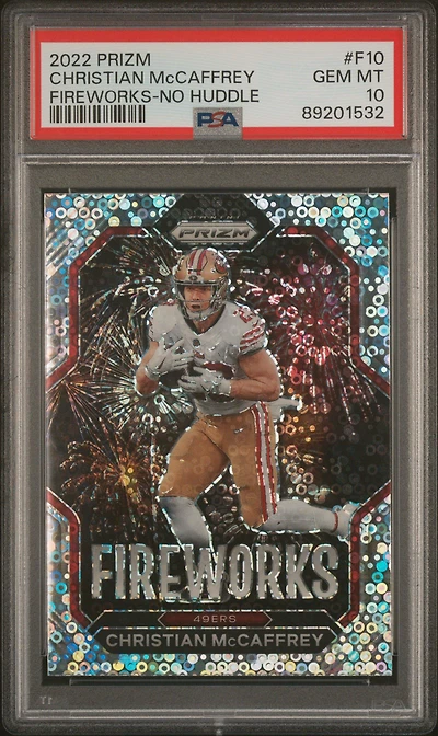 2022 Panini Prizm Fireworks F10 Christian Mccaffrey No Huddle PSA 10